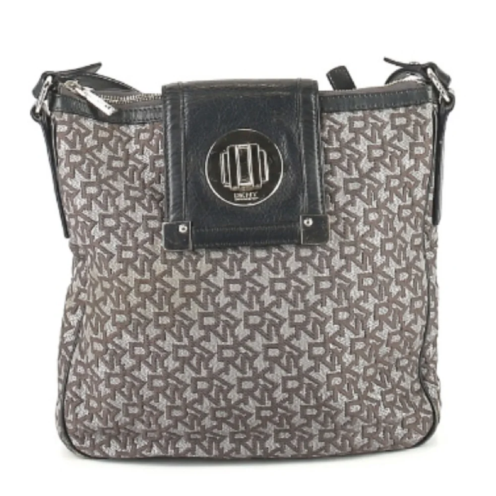 DKNY | Black & Gray Patterned Bag Canvas Leather Crossbody Logo Silver Hardware